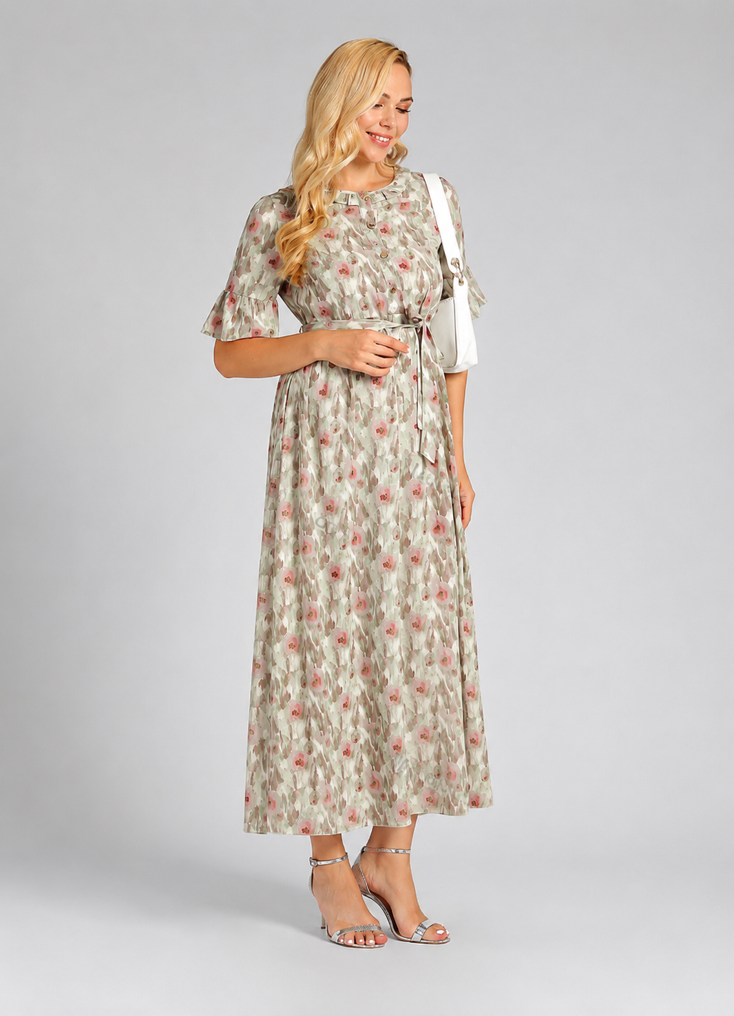Women's Casual Floral Painting Belted Maxi Dress – Green Short Sleeve Summer Dress