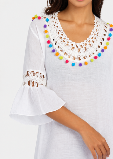 Women's Casual White Bell Sleeve Hollow Out Midi Dress – Pom Pom Cover-Up Dress