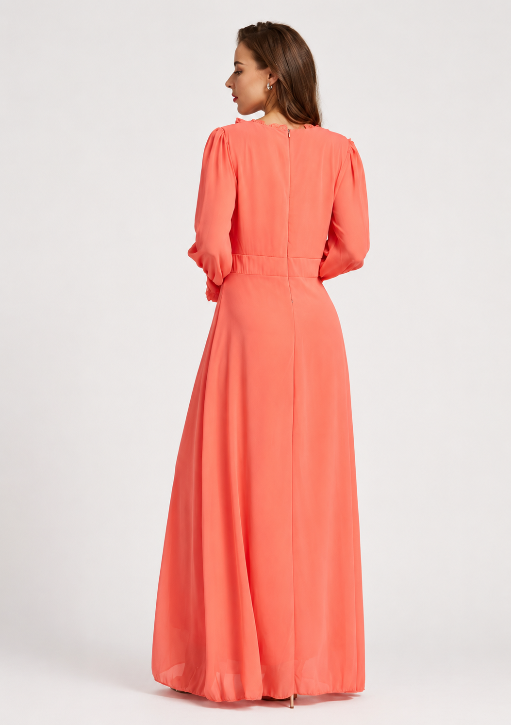 Women's Elegant Frill Neck Rhinestone Maxi Dress – Long Sleeve Floor Length Gown