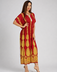 Women's Vintage Print Batwing Sleeve Peplum Maxi Dress – Red V-Neck Ruffle Hem Dress