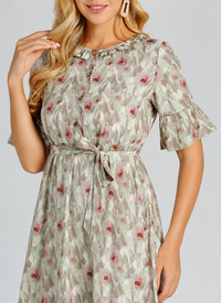 Women's Casual Floral Painting Belted Maxi Dress – Green Short Sleeve Summer Dress
