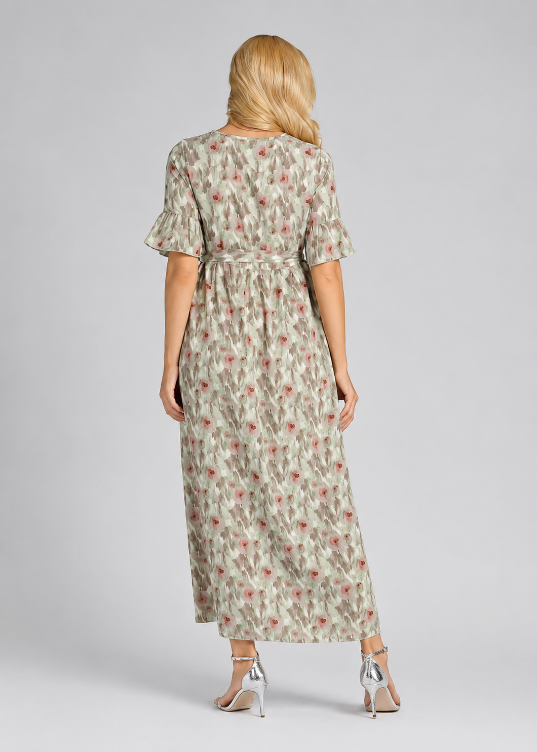 Women's Casual Floral Painting Belted Maxi Dress – Green Short Sleeve Summer Dress