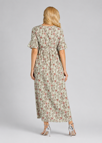 Women's Casual Floral Painting Belted Maxi Dress – Green Short Sleeve Summer Dress