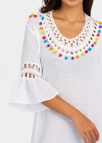 Women's Casual White Bell Sleeve Hollow Out Midi Dress – Pom Pom Cover-Up Dress