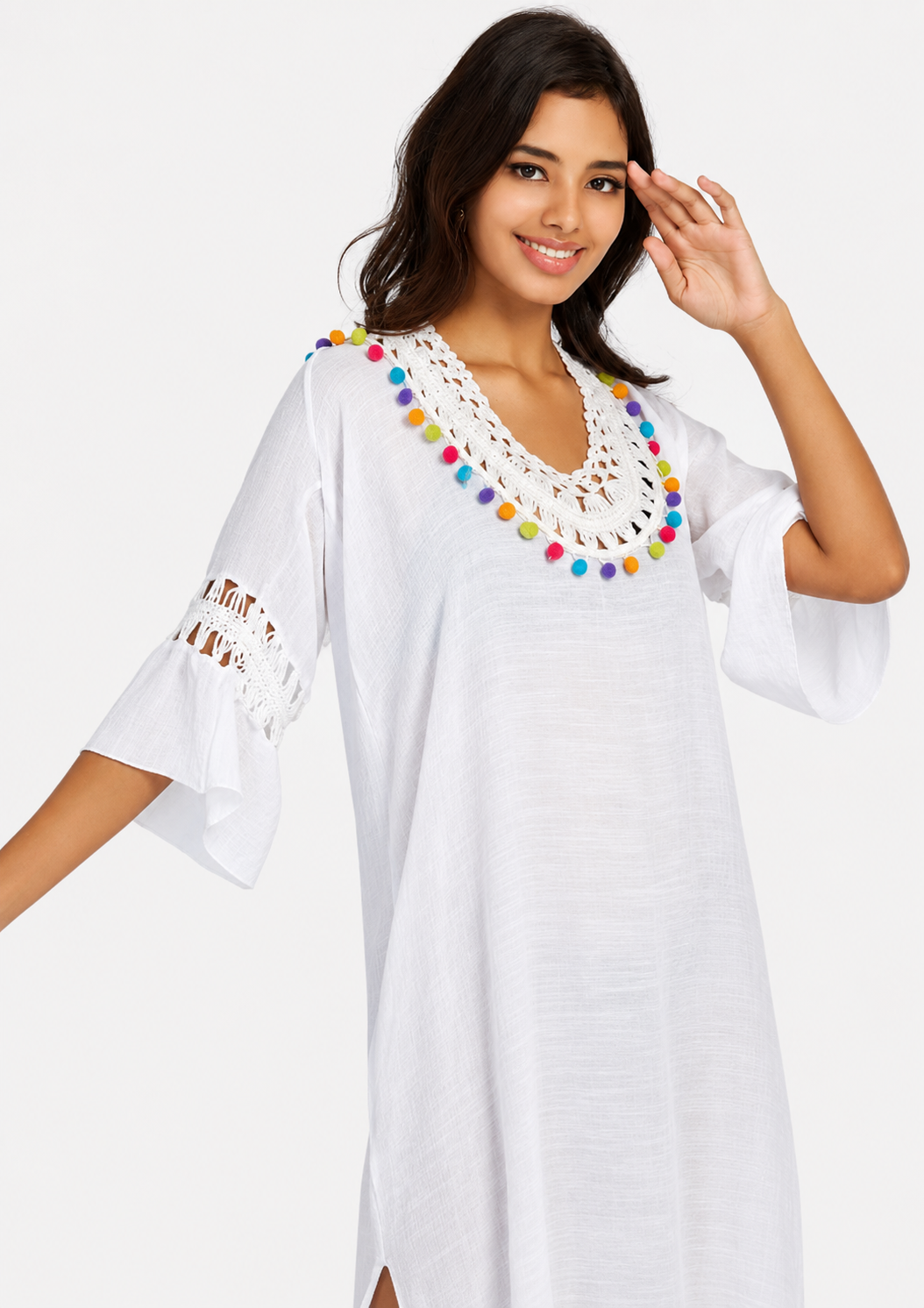 Women's Casual White Bell Sleeve Hollow Out Midi Dress – Pom Pom Cover-Up Dress