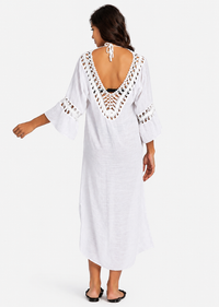 Women's Casual White Bell Sleeve Hollow Out Midi Dress – Pom Pom Cover-Up Dress