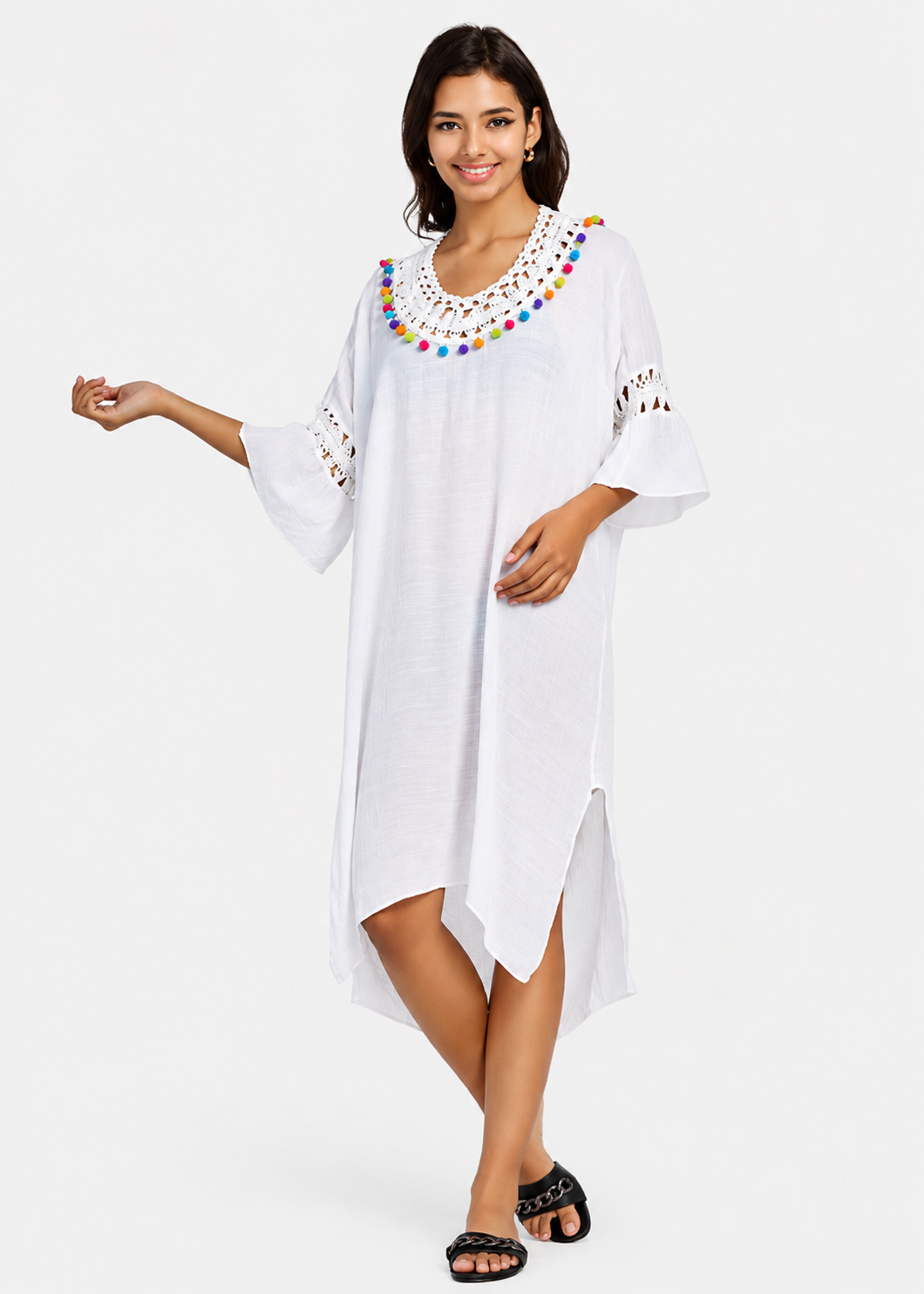 Women's Casual White Bell Sleeve Hollow Out Midi Dress – Pom Pom Cover-Up Dress
