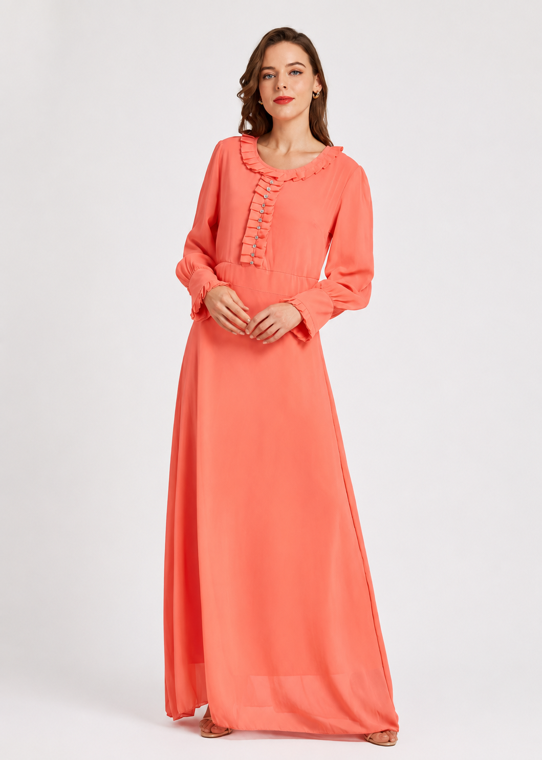 Women's Elegant Frill Neck Rhinestone Maxi Dress – Long Sleeve Floor Length Gown
