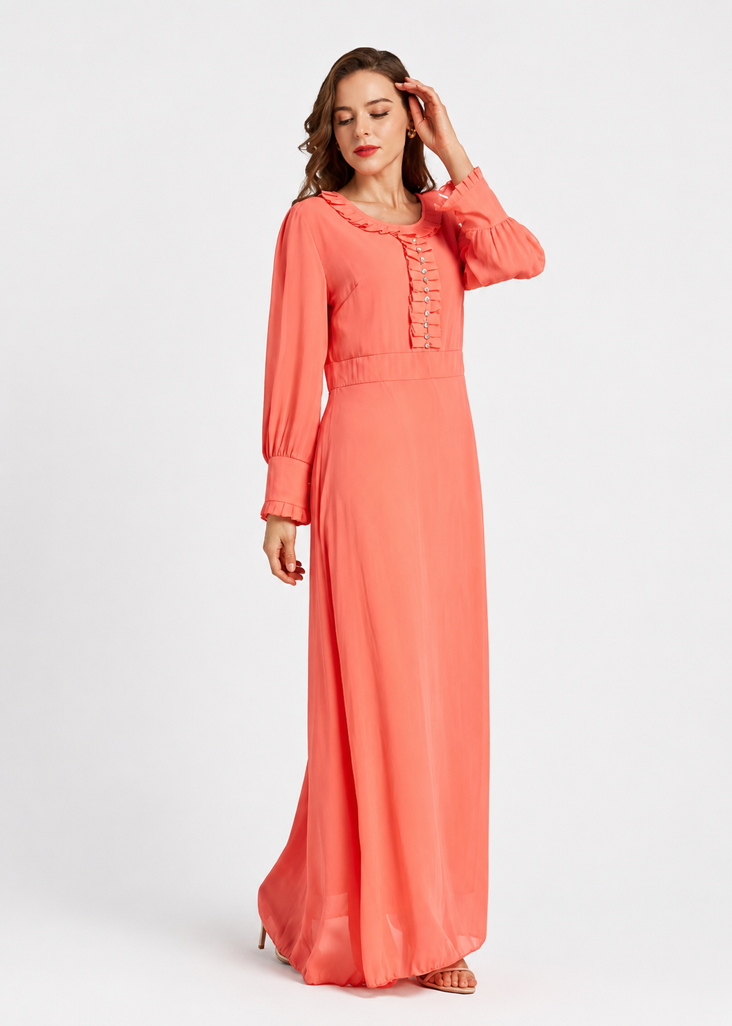 Women's Elegant Frill Neck Rhinestone Maxi Dress – Long Sleeve Floor Length Gown