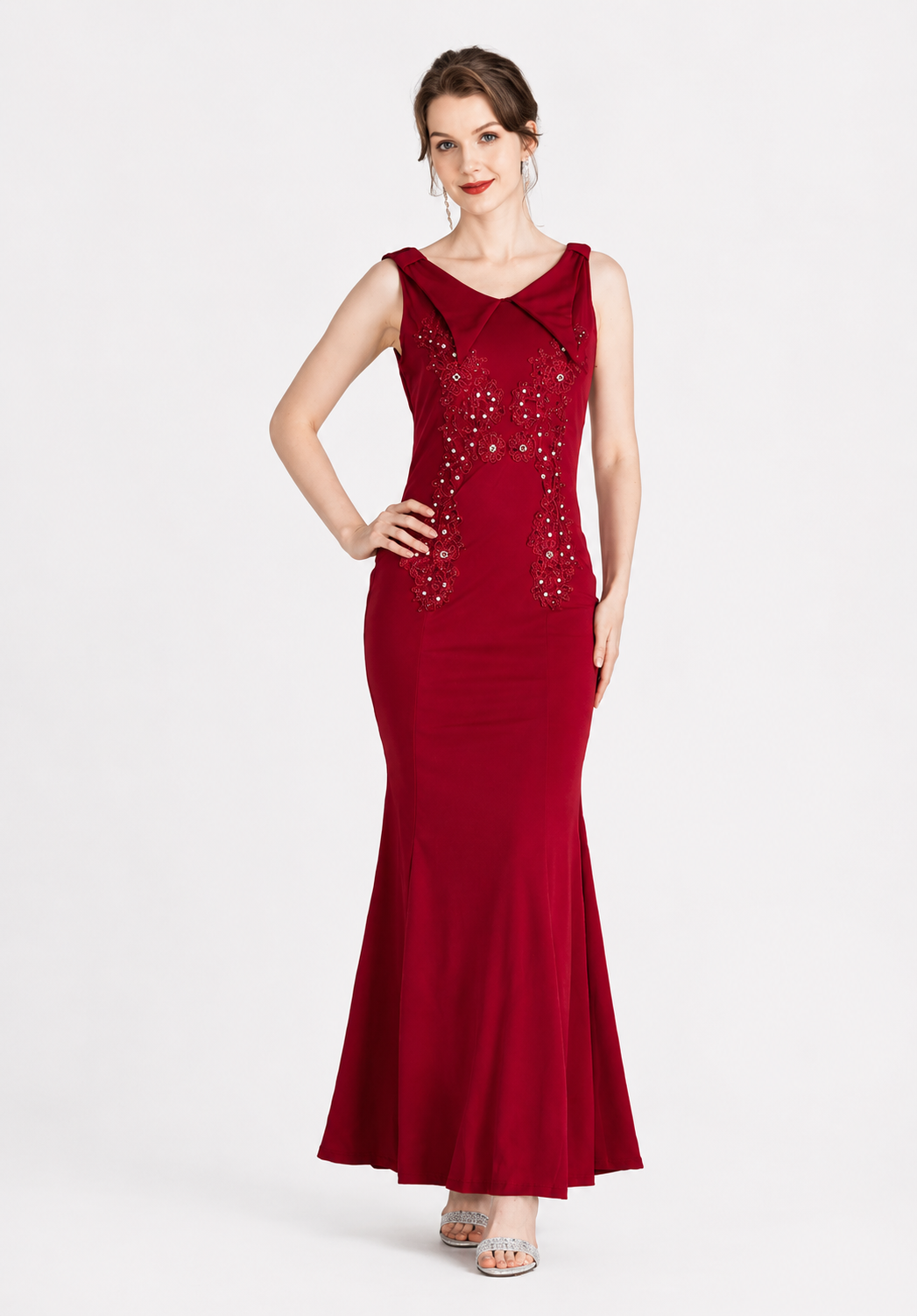 Women's Elegant Rhinestone Appliqué Maxi Evening Dress – Sleeveless V-Neck Gown