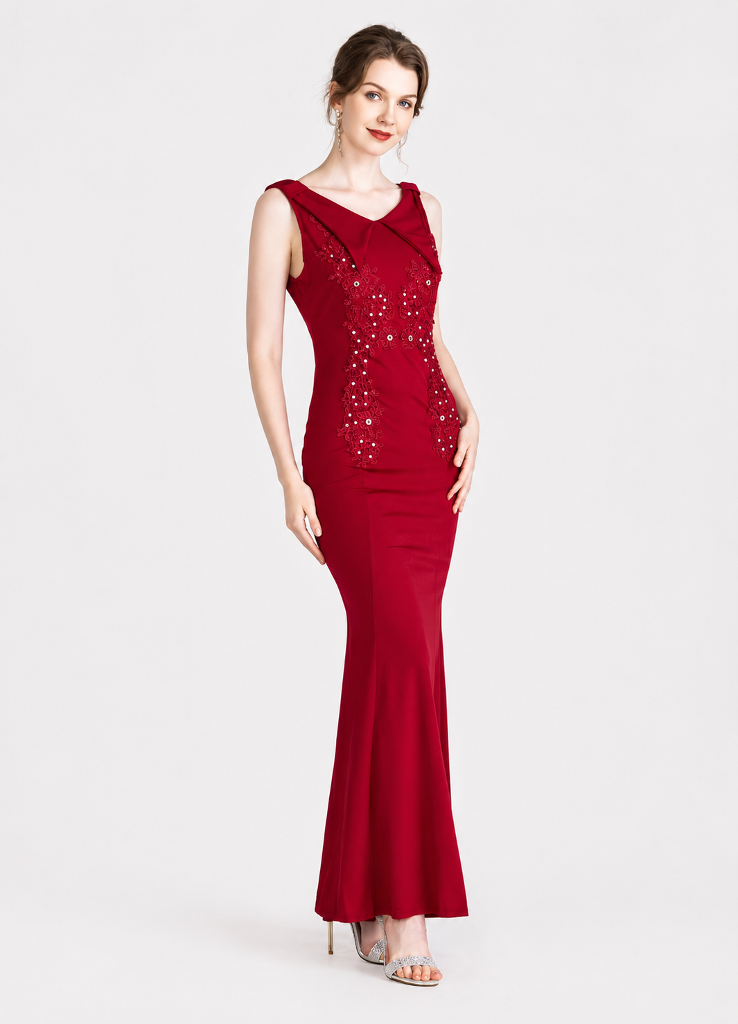 Women's Elegant Rhinestone Appliqué Maxi Evening Dress – Sleeveless V-Neck Gown