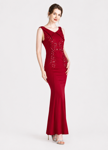 Women's Elegant Rhinestone Appliqué Maxi Evening Dress – Sleeveless V-Neck Gown