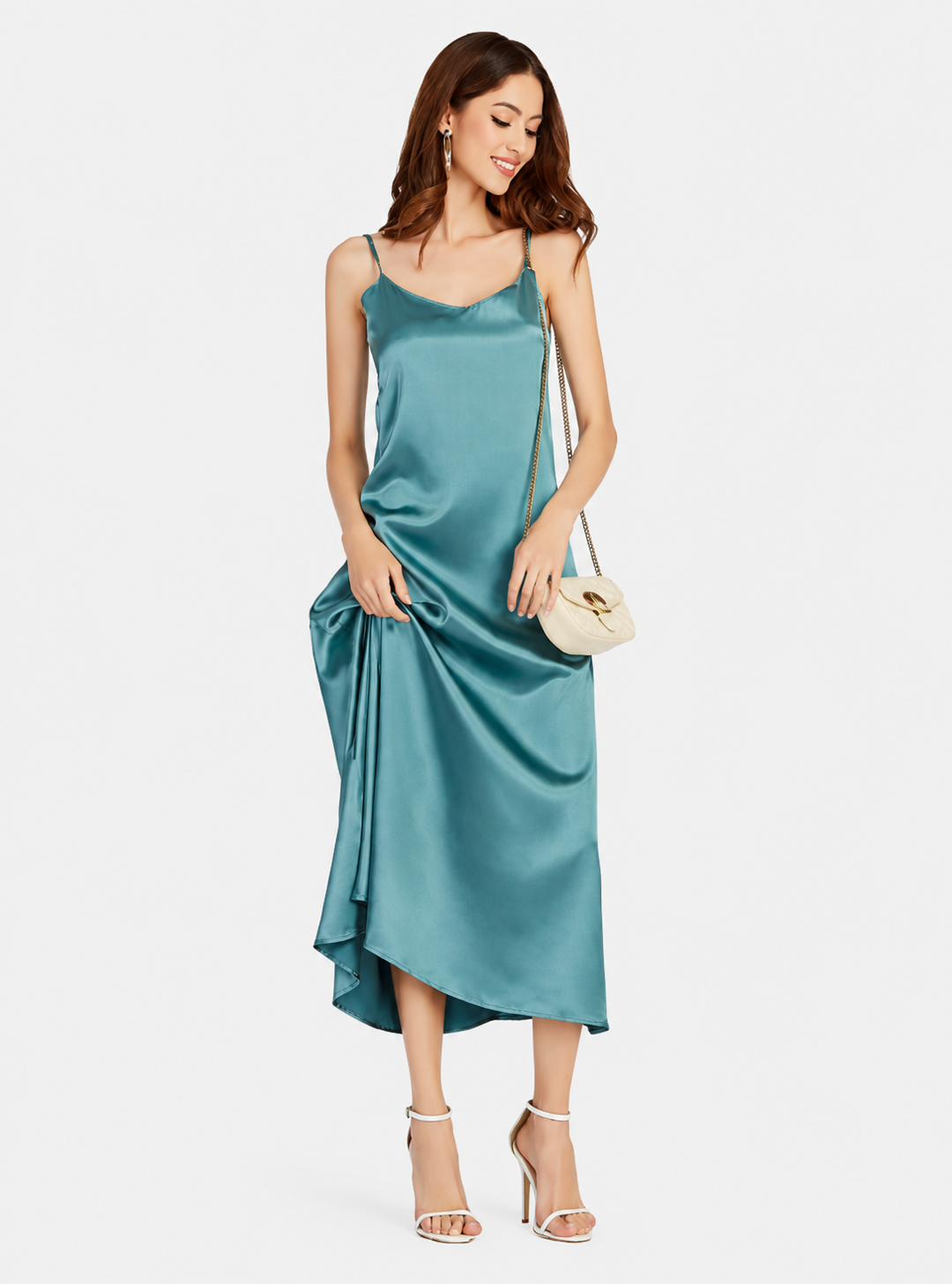 Women's Glamorous Green Cold Shoulder Midi Cami Dress – Slim Fit Elegant Party Dress
