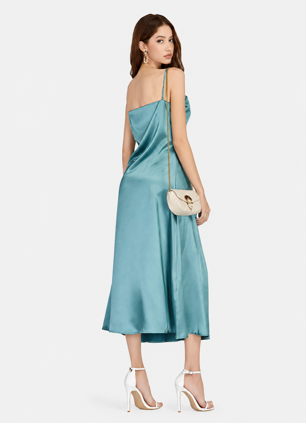 Women's Glamorous Green Cold Shoulder Midi Cami Dress – Slim Fit Elegant Party Dress