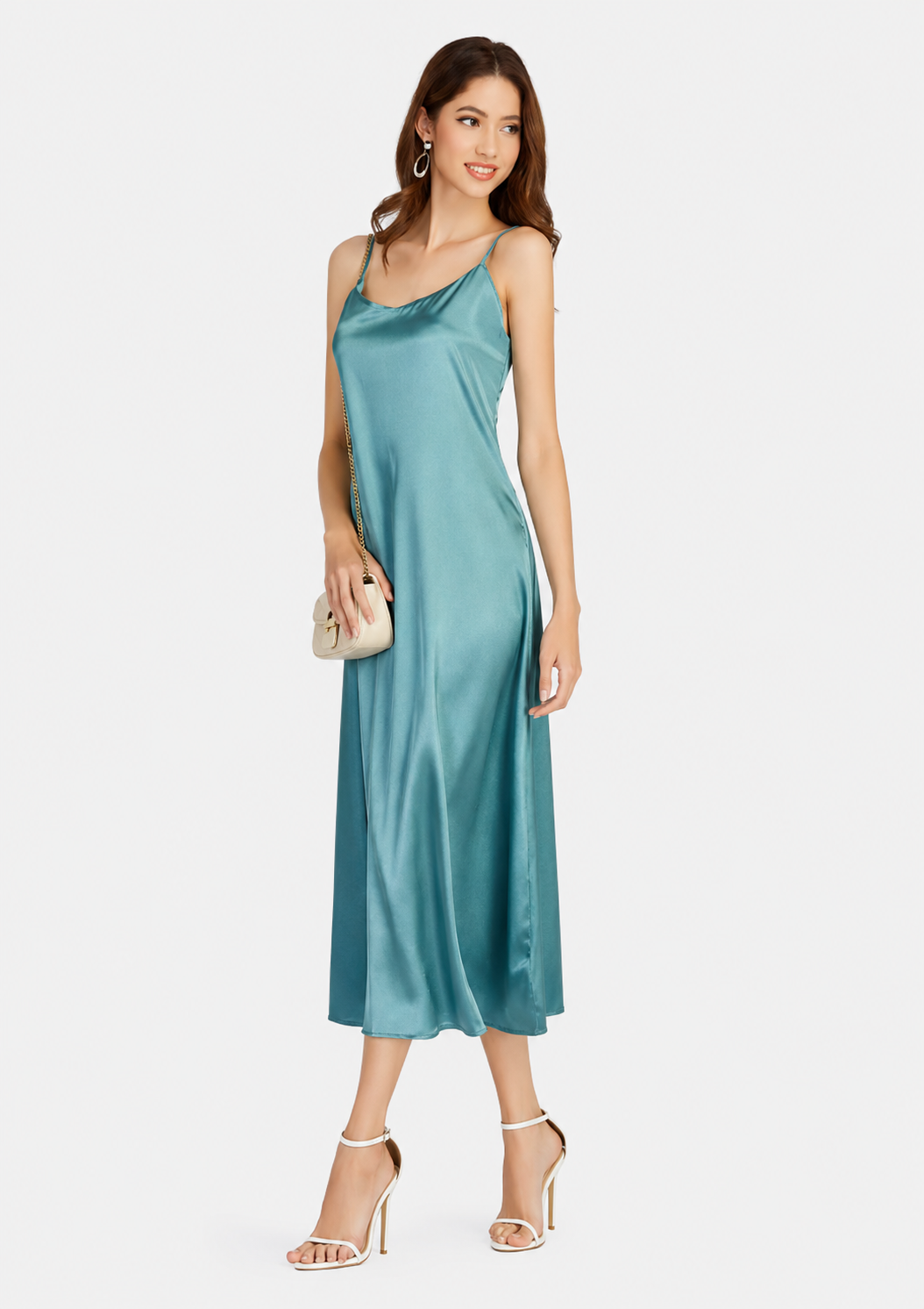 Women's Glamorous Green Cold Shoulder Midi Cami Dress – Slim Fit Elegant Party Dress