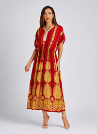Women's Vintage Print Batwing Sleeve Peplum Maxi Dress – Red V-Neck Ruffle Hem Dress