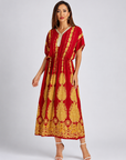 Women's Vintage Print Batwing Sleeve Peplum Maxi Dress – Red V-Neck Ruffle Hem Dress