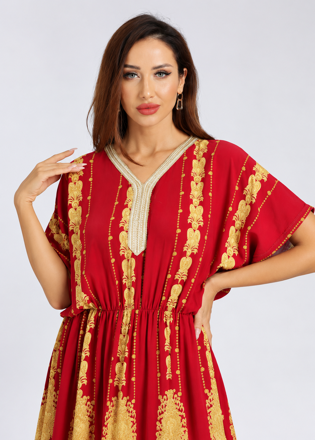 Women's Vintage Print Batwing Sleeve Peplum Maxi Dress – Red V-Neck Ruffle Hem Dress