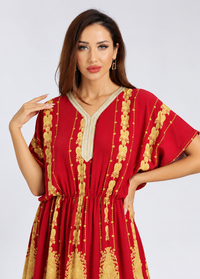 Women's Vintage Print Batwing Sleeve Peplum Maxi Dress – Red V-Neck Ruffle Hem Dress
