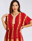 Women's Vintage Print Batwing Sleeve Peplum Maxi Dress – Red V-Neck Ruffle Hem Dress