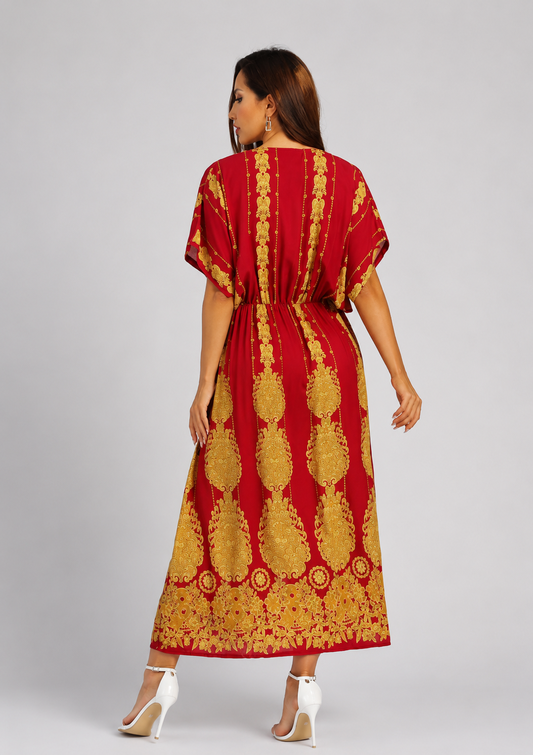 Women's Vintage Print Batwing Sleeve Peplum Maxi Dress – Red V-Neck Ruffle Hem Dress
