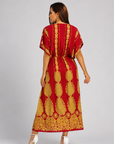 Women's Vintage Print Batwing Sleeve Peplum Maxi Dress – Red V-Neck Ruffle Hem Dress