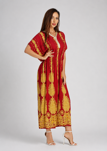 Women's Vintage Print Batwing Sleeve Peplum Maxi Dress – Red V-Neck Ruffle Hem Dress